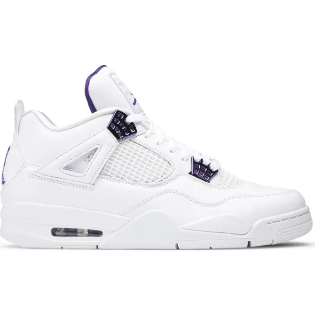 White Air Jordan 4 sneaker with purple accents from the Retro Purple Metallic collection