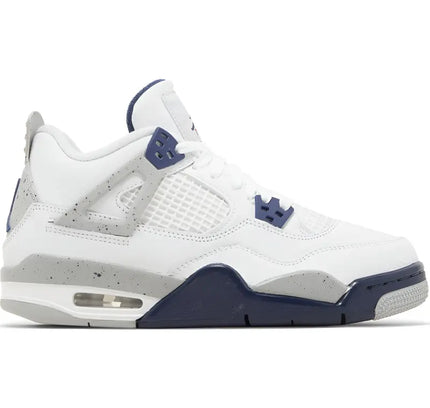 White and navy blue Air Jordan 4 sneaker with grey accents in Retro Midnight Navy for big kids