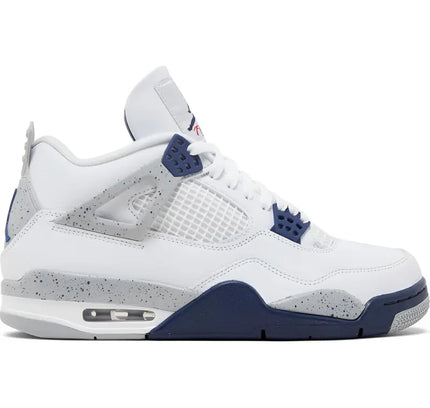 White, navy and grey Air Jordan 4 sneaker in retro Midnight Navy with speckled midsole