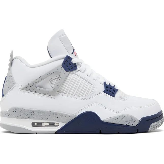 White, navy and grey Air Jordan 4 sneaker in retro Midnight Navy with speckled midsole