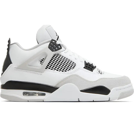 White and black Air Jordan 4 Retro Military Black sneaker with mesh and air cushioning