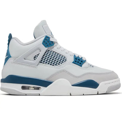 White and blue Air Jordan 4 Retro Military Blue with mesh panels and grey accents