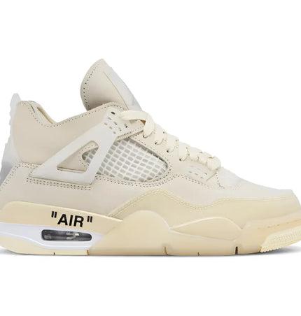 Off-White x Women’s Jordan 4 Retro Sail featuring deconstructed leather build and AIR midsole