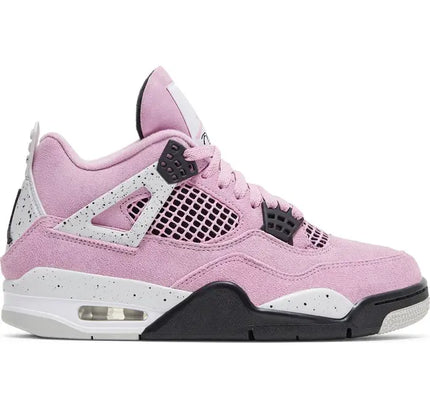 Pink, white, and black Air Jordan 4 sneaker featuring breathable quarter panel netting