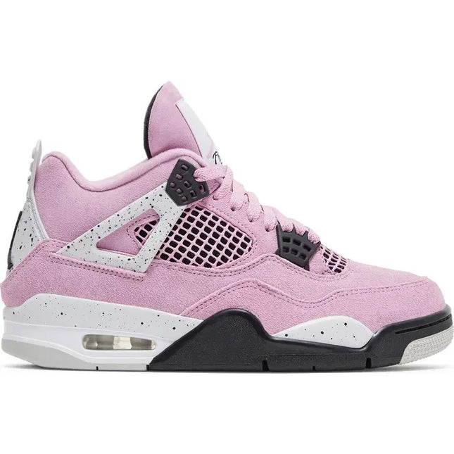 Pink, white, and black Air Jordan 4 sneaker featuring breathable quarter panel netting