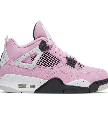 Pink, white, and black Air Jordan 4 sneaker featuring breathable quarter panel netting