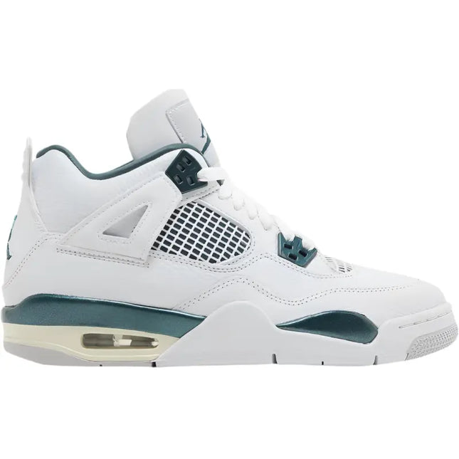 White and teal Air Jordan 4 Retro GS Oxidized Green basketball sneaker for stylish performance