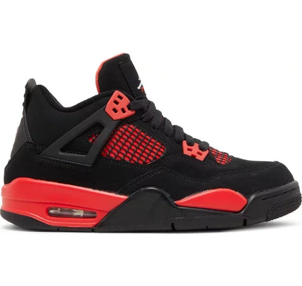 Black and red Air Jordan 4 Retro Red Thunder grade school-sized sneaker with white Jumpman