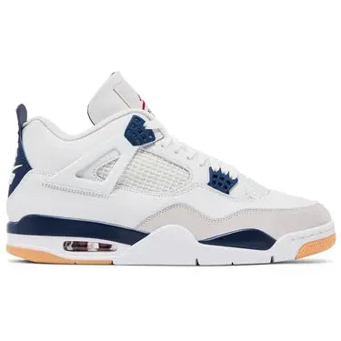 White and navy blue Jordan 4 Retro SB Navy athletic shoe with visible air bubble and light brown sole