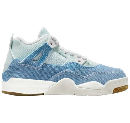 Light blue denim-textured Jordan 4 Retro TEX Worn Blue sneaker with white laces and sole