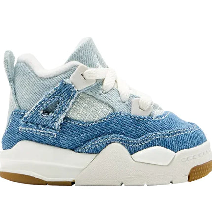 Child’s denim sneaker with white laces and gum sole in Jordan 4 Retro TEX Denim Worn Blue style