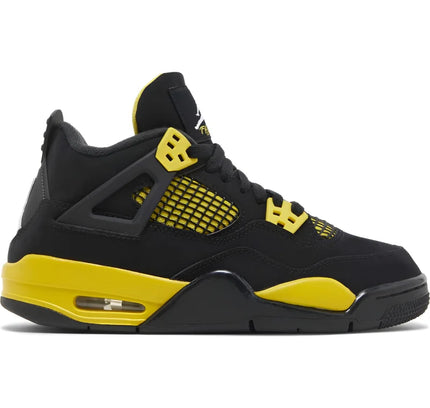 Black and yellow Air Jordan 4 Retro Thunder in coveted two-tone colorway for kids