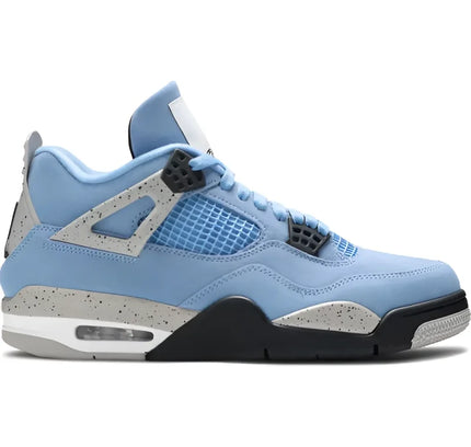 Light blue and grey Air Jordan 4 Retro University Blue sneaker with black accents