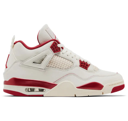 White and sierra red jordan 4 retro women’s sneaker with leather overlays mesh panels and visible air unit sole