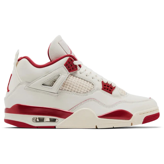 White and sierra red jordan 4 retro women’s sneaker with leather overlays mesh panels and visible air unit sole