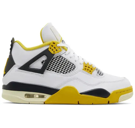 Air Jordan 4 Retro Vivid Sulfur sneaker in white, yellow, and black colorway