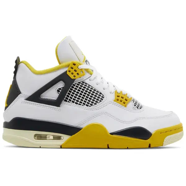 Air Jordan 4 Retro Vivid Sulfur sneaker in white, yellow, and black colorway