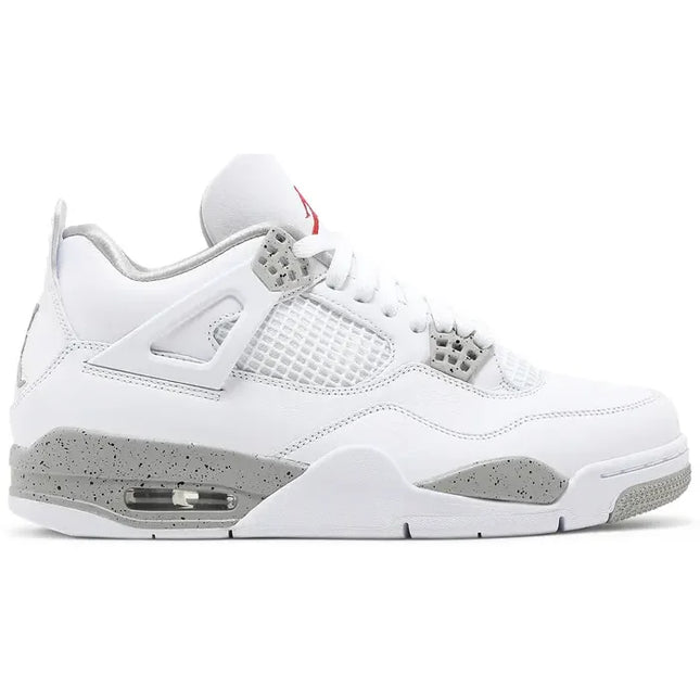 White and grey Nike Air Jordan IV sneaker with mesh accents from Jordan 4 Retro White Oreo 2021