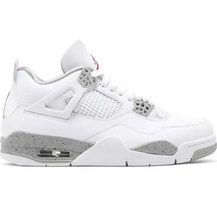 White and grey Air Jordan 4 Retro White Oreo sneaker with mesh panels and speckled midsole