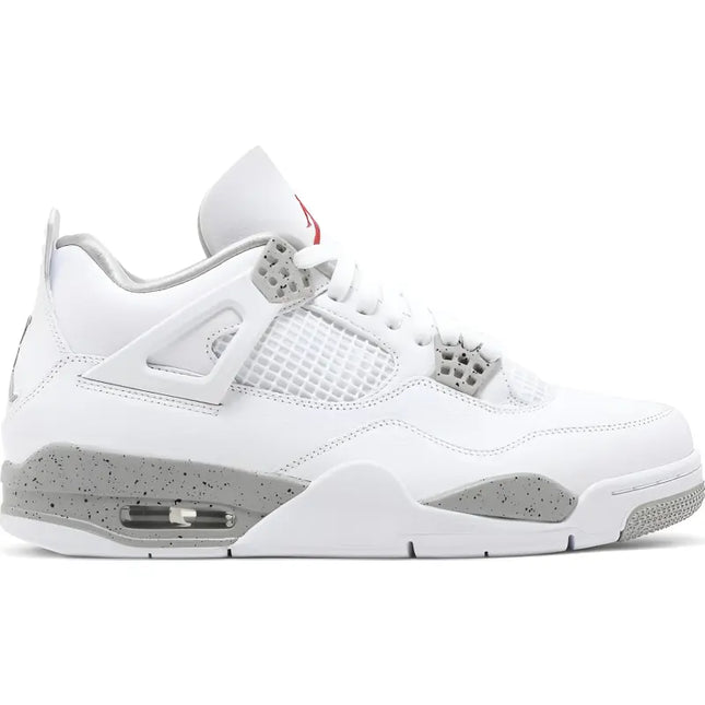 White and grey Air Jordan 4 Retro White Oreo sneaker with mesh panels and speckled midsole