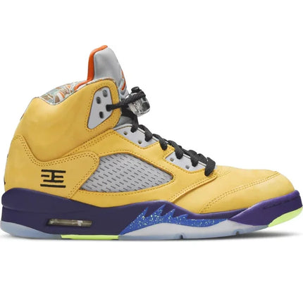 Yellow and purple Air Jordan 5 Retro SE What The sneaker featuring grey mesh panels