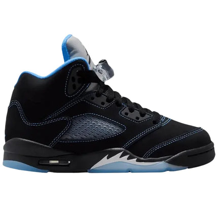 Jordan 5 Retro Black University Blue sneaker in mesh suede and rubber featuring university blue accents for low dunks Nike style