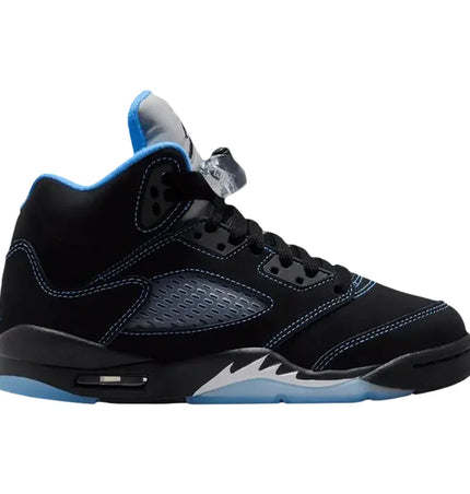 Jordan 5 Retro Black University Blue sneaker in mesh suede and rubber featuring university blue accents for low dunks Nike style