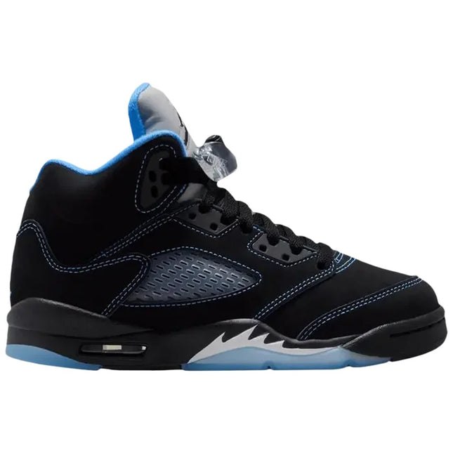 Jordan 5 Retro Black University Blue sneaker in mesh suede and rubber featuring university blue accents for low dunks Nike style