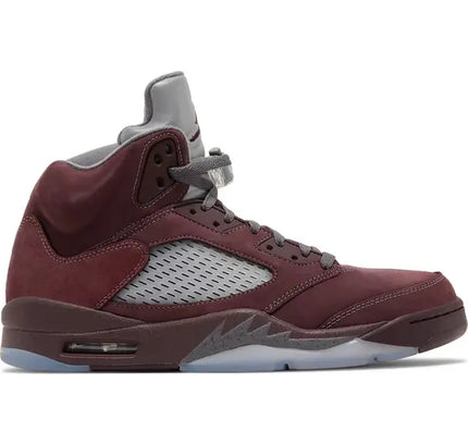 Burgundy and grey Air Jordan 5 sneaker with translucent sole and burgundy suede upper