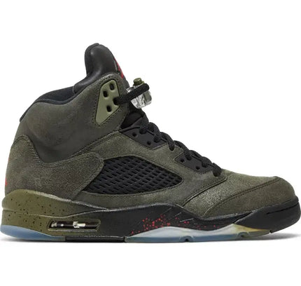 Olive green and black Air Jordan 5 sneaker from the Retro Fear Pack with mesh panels