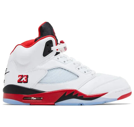 Air Jordan 5 Retro Fire Red Black Tongue sneaker with icy blue outsole and black tongue