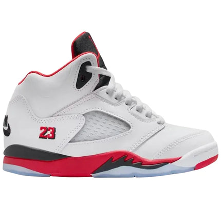 White, red, and black Air Jordan 5 Retro Fire Red Black Tongue sneakers with visible air sole unit