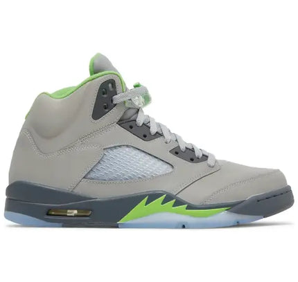 Air Jordan 5 Retro Green Bean (2022) sneaker in grey, dark grey, and neon green