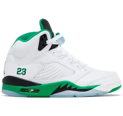 White and green high-top sneaker featuring Lucky Green accents from Jordan 5 Retro Lucky Green