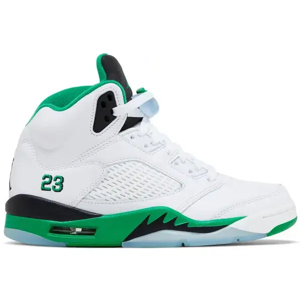 White and green high-top sneaker featuring Lucky Green accents from Jordan 5 Retro Lucky Green