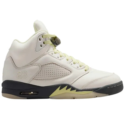 Light bone and black Air Jordan 5 Retro sneakers with neon green accents, Retro Luminous Green