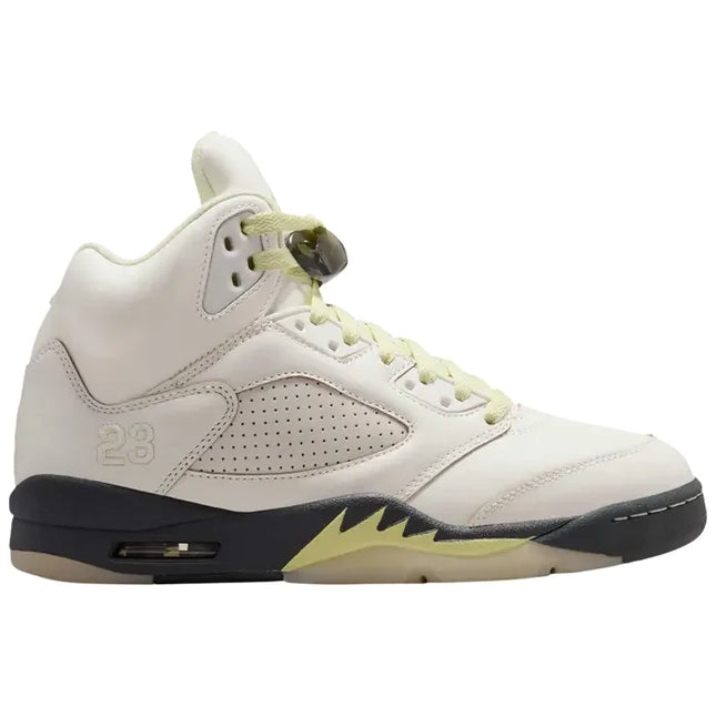 Light bone and black Air Jordan 5 Retro sneakers with neon green accents, Retro Luminous Green