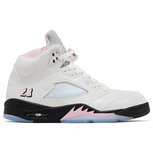 White and black Air Jordan 5 Retro Medium Soft Pink sneakers with pink accents