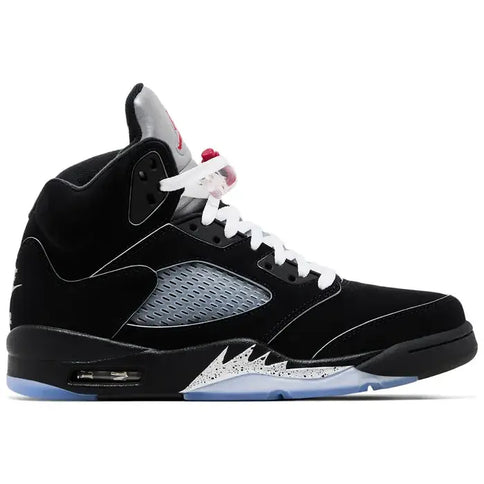 Black and white Air Jordan 5 Retro OG Black Metallic Reimagined sneaker with icy blue outsole