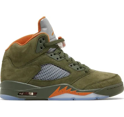 Air Jordan 5 Retro Olive 2024 in muted olive green with orange accents and mesh panel