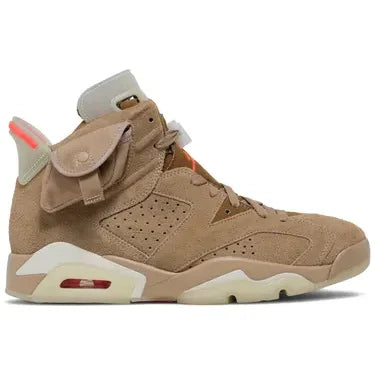 Travis Scott Jordan 6 Retro British Khaki high-top sneakers with side pocket and translucent sole