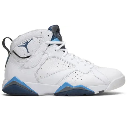 White and blue Air Jordan 7 sneaker showcasing the French Blue colorway for retro style