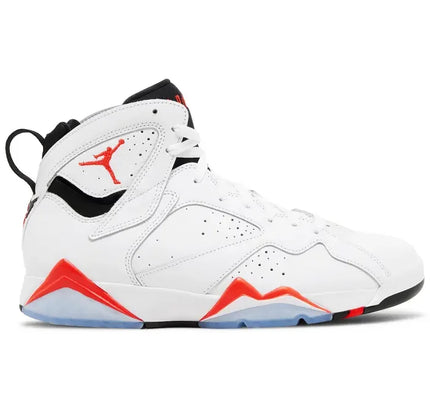 White Air Jordan 7 Retro White Infrared sneaker with red accents and icy blue outsole