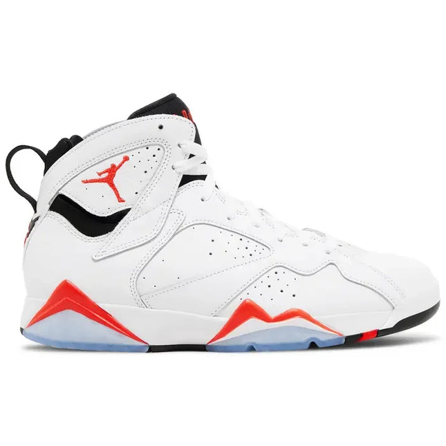 White Air Jordan 7 Retro White Infrared sneaker with red accents and icy blue outsole