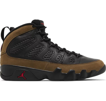 Air Jordan 9 Retro Olive 2024 in black and brown leather with red accents