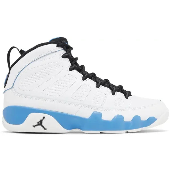 White and blue Air Jordan 9 Retro Powder Blue sneaker with black laces for basketball