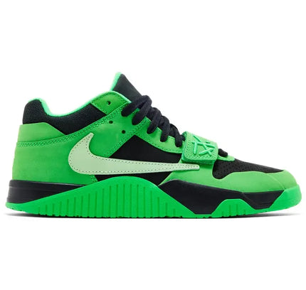Vibrant neon green and black jordan cj1 t-rexx travis scott green spark nike air trainer 1 sneaker with bold swoosh logo