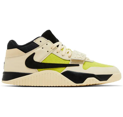 Lime green black and cream Jordan Jumpman Jack Travis Scott athletic shoe with side strap