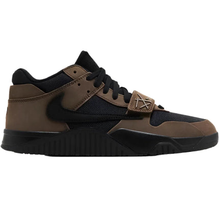 Brown and black Jumpman Jack Travis Scott Dark Mocha athletic sneaker with straps