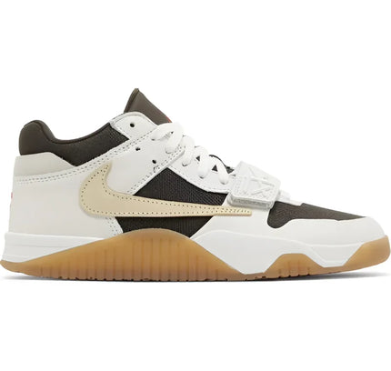 Athletic sneaker Jordan Jumpman Jack TR Travis Scott Sail in white, black, and brown